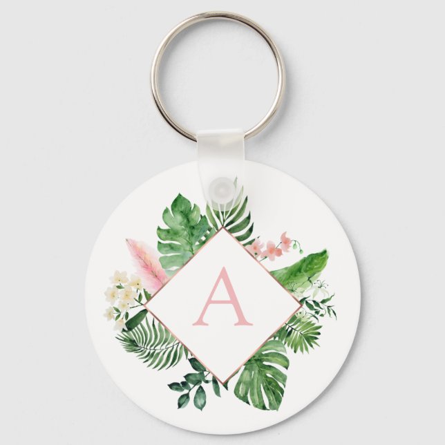 Tropical Palms Monogram Blush Pink Wedding Key Ring (Front)