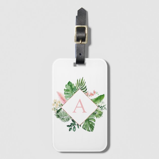 Tropical Palms Monogram Blush Pink Wedding Luggage Tag (Front Vertical)