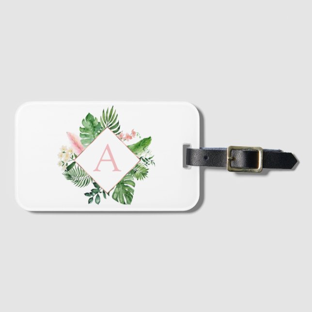 Tropical Palms Monogram Blush Pink Wedding Luggage Tag (Front Horizontal)