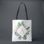 Tropical Palms Monogram Blush Pink Wedding Tote Bag<br><div class="desc">Destination Location - Tropical Palms Beach Botanical Blush Pink and Green Watercolor Spring Wedding Monogram Tote Bags on canvas background - includes beautiful and elegant script typography with modern botanical leaves and greenery for the special Gift for a Wedding, Bridal Shower (Bride or Bridesmaid), Baby Shower, Bachelorette Party, Sweet 16,...</div>
