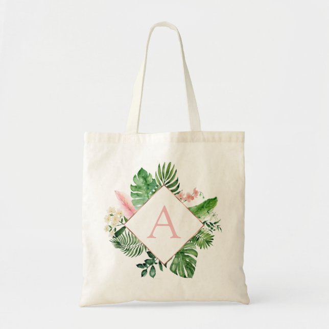 Tropical Palms Monogram Blush Pink Wedding Tote Bag (Front)