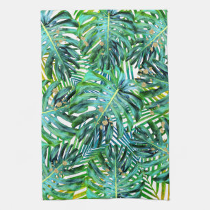 Tropical Palms Monstera Leaves Gold Glitter Tea Towel
