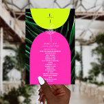 Tropical Palms Neon Arches Monogram Wedding<br><div class="desc">Neon yellow and pink arches over dark palm leaf background with vertical monogram at top front and white line art palm tree art and white text.  Back features palm leaf line art with arches and white text.</div>