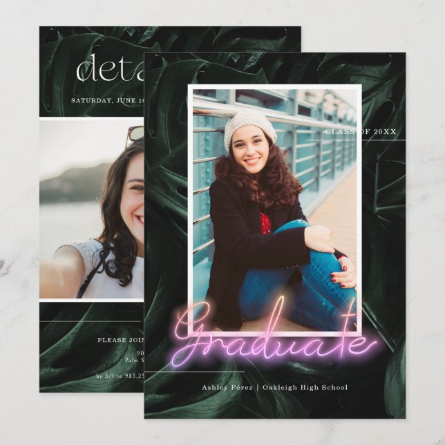 Tropical Palms Neon | Graduation Photo Party Invitation (Front/Back)