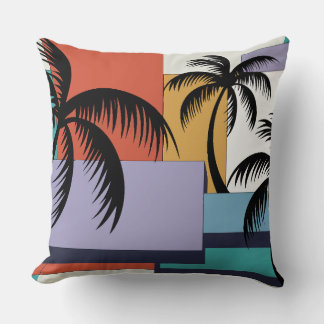 Tropical Palms on Geometric Sunset Background Cushion
