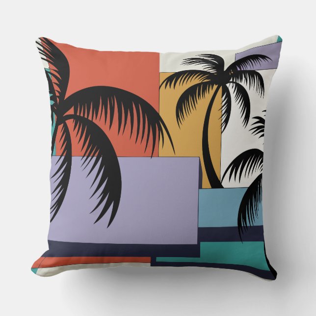 Tropical Palms on Geometric Sunset Background Cushion (Front)
