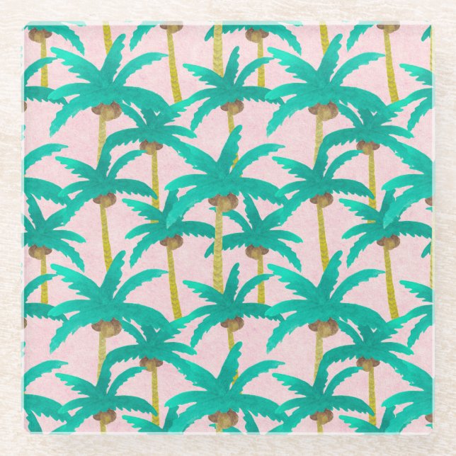 Tropical Palms: Watercolor Summer Pattern Glass Coaster (Front)
