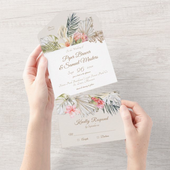 Tropical Pampas Botanicals Wedding All In One Invi Invitation (Tearaway)