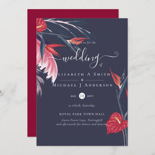 Tropical Pampas Grass Navy Berry Wedding (Front/Back)