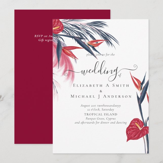 Tropical Pampas Grass Navy Berry Wedding (Front/Back)