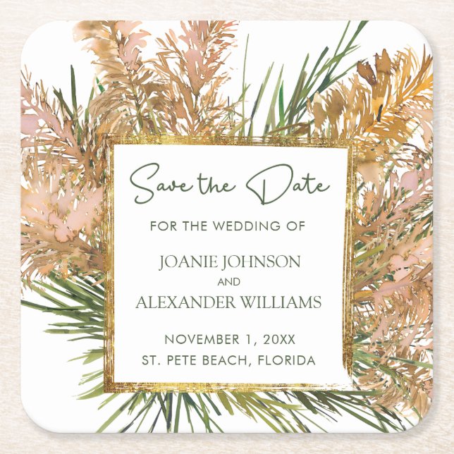 Tropical Pampas Grass Wedding Save the Date Square Paper Coaster (Front)
