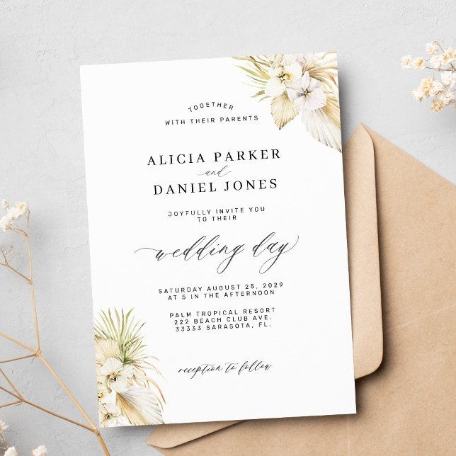 Tropical pampas grass white orchid elegant wedding invitation (Creator Uploaded)