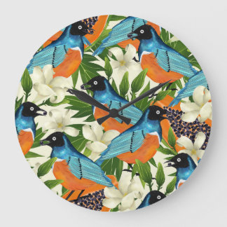 Tropical papaya and bird pattern. large clock