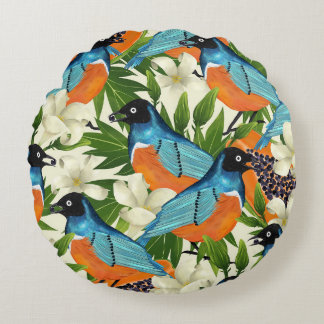 Tropical papaya and bird pattern. round cushion