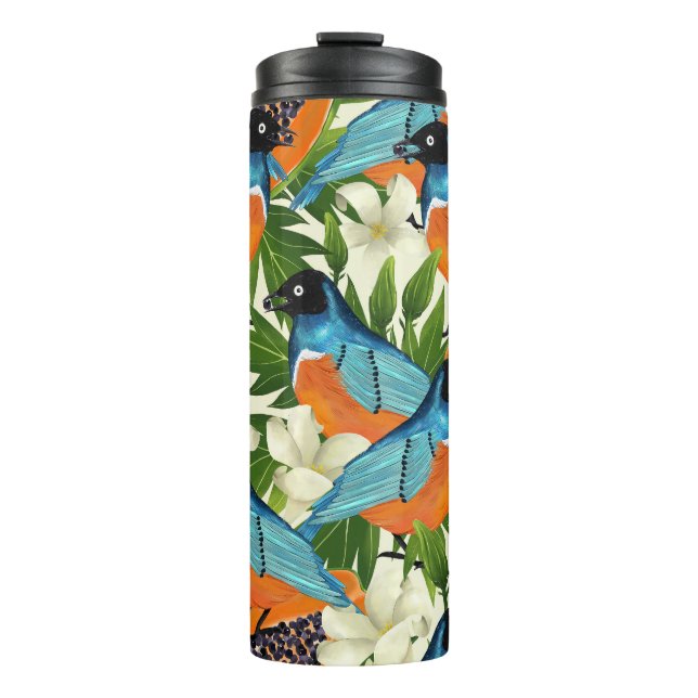 Tropical papaya and bird pattern. thermal tumbler (Front)
