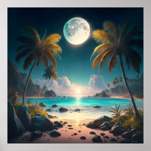 tropical paradise at night, with palm trees Poster