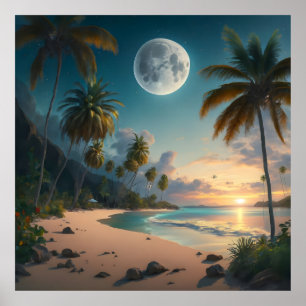 tropical paradise at night, with palm trees poster