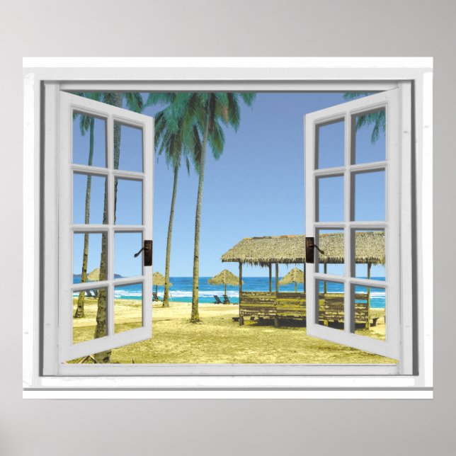 Tropical Paradise Beach Ocean View Fake Window Poster (Front)