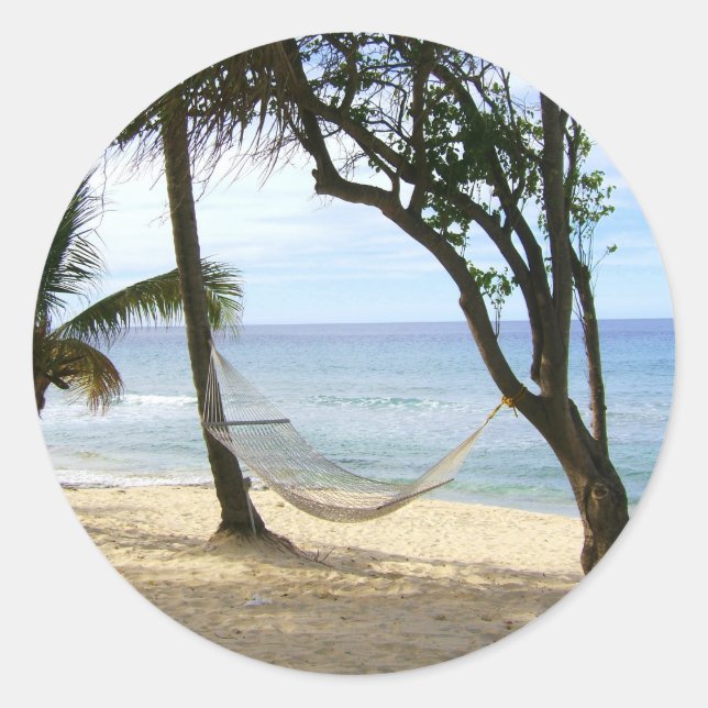 Tropical Paradise Beach Water Sand Sun Sky Palm Classic Round Sticker (Front)