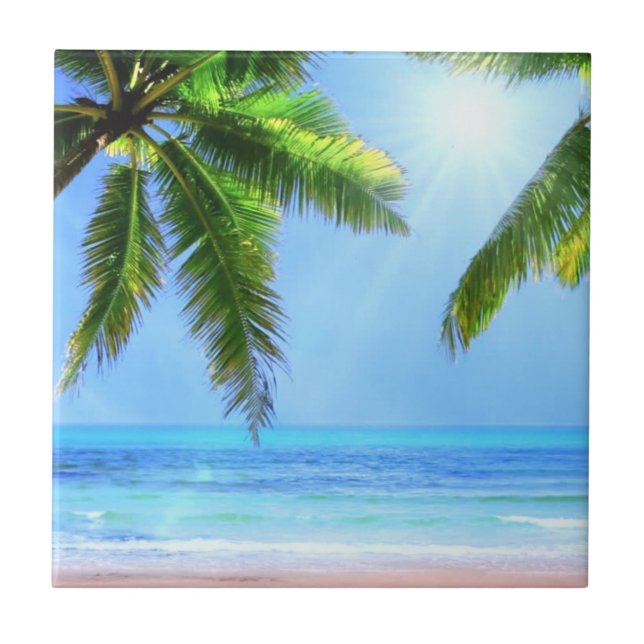Tropical Paradise - Beautiful Beach, Palm Trees  Ceramic Tile (Front)