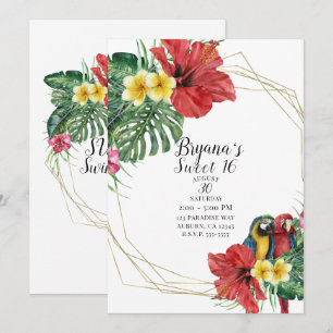 Tropical Paradise Birds Floral Botanical Sweet 16 Invitation
