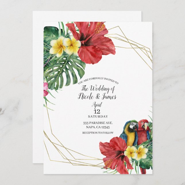 Tropical Paradise Birds Floral Wedding Invitation (Front/Back)