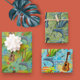 Tropical paradise blue green wrapping paper sheet