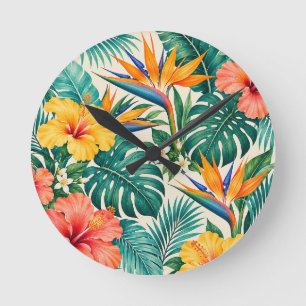 Tropical Paradise Botanical Floral Pattern Round Clock