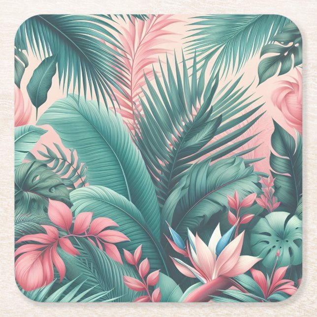 Tropical Paradise Botanical Pattern Square Paper Coaster (Front)