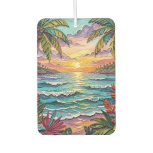 Tropical Paradise Coastal Beach Scene Impasto Car Air Freshener