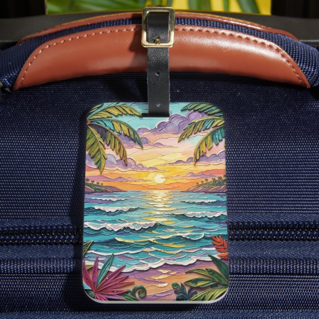 Tropical Paradise | Coastal Beach Scene Impasto Luggage Tag (Front Insitu 2)