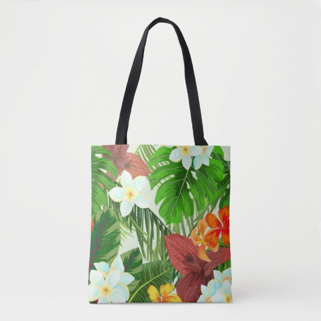 Tropical Paradise Colourful Flowers and Leaves Tote Bag (Front)