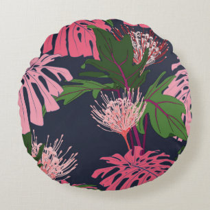 Tropical Paradise: Exotic Leaves and Flowers Round Cushion