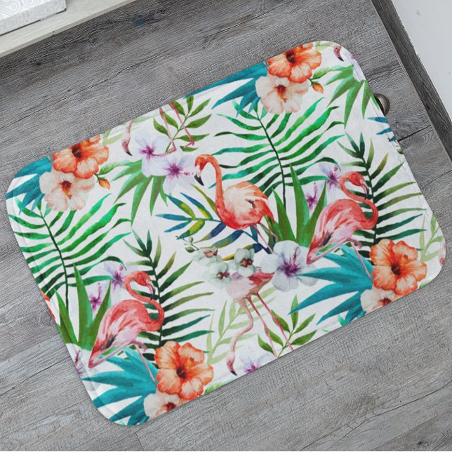 Tropical Paradise Flamingo Flowers Leaves Bath Mat (Creator Uploaded)