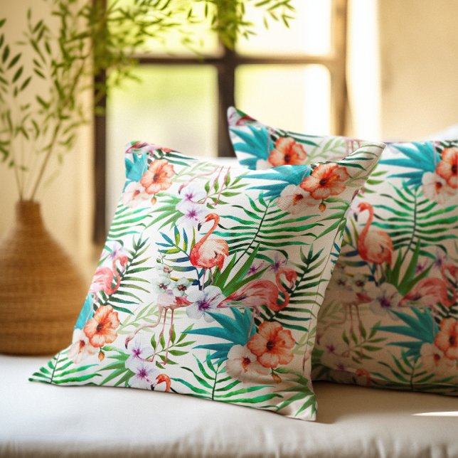 Tropical Paradise Flamingo Flowers Leaves Cushion (Creator Uploaded)