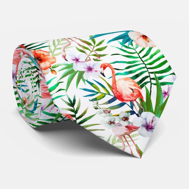 Tropical Paradise Flamingo Flowers Leaves Tie (Rolled)
