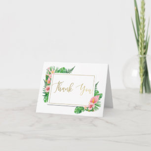 Tropical Paradise Flamingo Leaves Gold Thank You Card