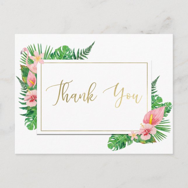 Tropical Paradise Flamingo Leaves Gold Thank You Postcard (Front)