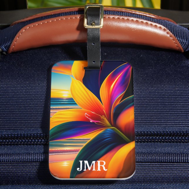 Tropical Paradise Flowers Monogram Luggage Tag (Front Insitu 2)