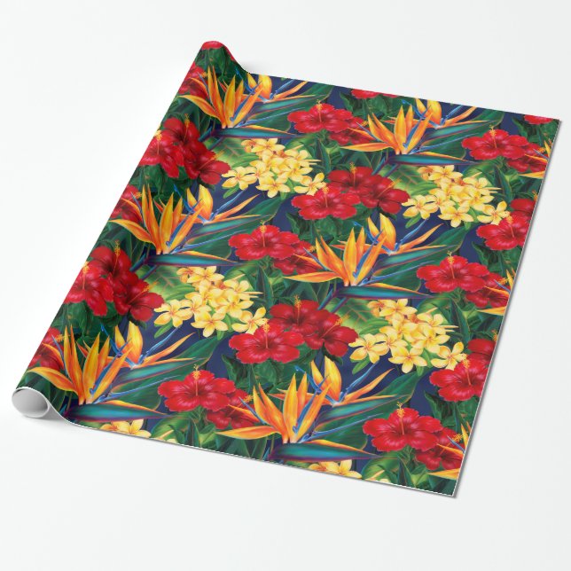 Tropical Paradise Hawaiian Floral Allover Print Wrapping Paper (Unrolled)