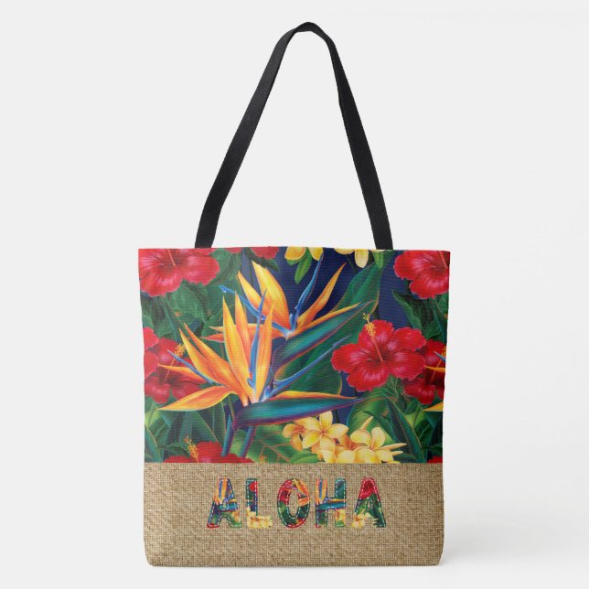Tropical Paradise Hawaiian Floral Faux Appliqué Tote Bag (Front)