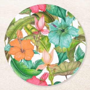 Tropical Paradise Hawaiian Hibiscus Floral Pattern Round Paper Coaster