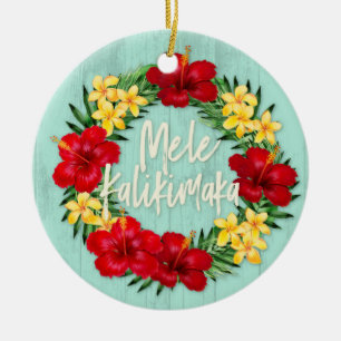 Tropical Paradise Hawaiian Holiday Wreath Wood Ceramic Ornament