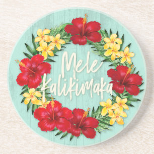Tropical Paradise Hawaiian Holiday Wreath Wood Coaster