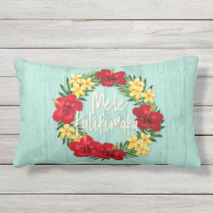 Tropical Paradise Hawaiian Holiday Wreath Wood Lumbar Cushion
