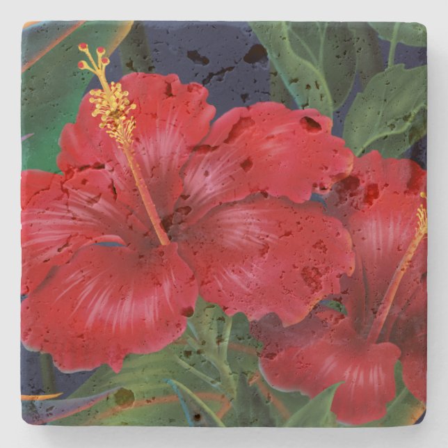 Tropical Paradise Hibiscus Stone Tiki Bar Coaster (Front)