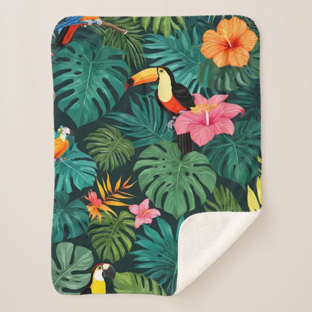 Tropical Paradise Jungle Pattern Sherpa Blanket (Front)