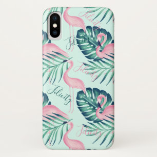 Tropical Paradise Palm Leaf & Pink Flamingo Name iPhone X Case
