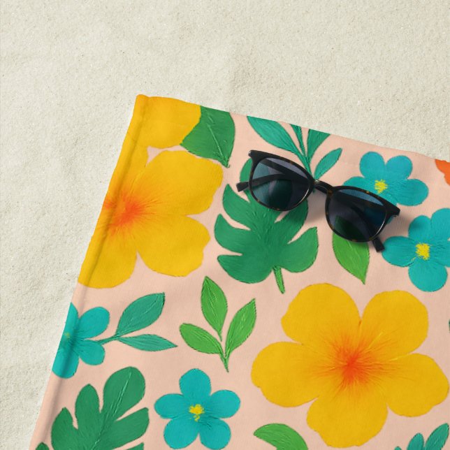 Tropical Paradise – Palm Leaves & Hibiscus Pattern Beach Towel (In Situ)