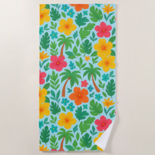 Tropical Paradise – Palm Leaves & Hibiscus Pattern Beach Towel